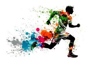football soccer player in action with rrainbow watercolor splash. isolated white background. Neural network generated art photo