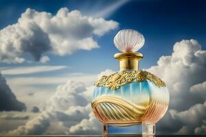beautiful perfume bottle against the background of the sky and clouds. Neural network AI generated art photo