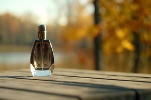 glass perfume bottle against the backdrop of an autumn landscape. Neural network generated art photo