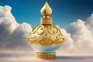 beautiful perfume bottle against the background of the sky and clouds. Neural network generated art photo