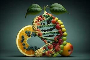 gmo comida y genéticamente modificado cultivos o diseñado agricultura conceptos Fruta y vegetales. neural red generado Arte foto