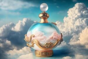 beautiful perfume bottle against the background of the sky and clouds. Neural network AI generated art photo