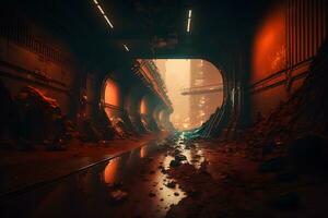 Postapocalyptic tunnel after rain with orange radioactive dust. Neural network AI generated photo