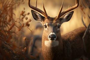 Red deer stag between ferns in autumn forest. Neural network AI generated photo