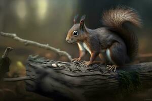 Art view on wild nature. Cute red squirrel. Neural network AI generated photo