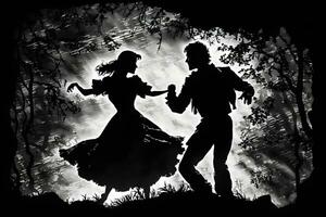 Silhouette of dancing couple in halloween style. Neural network AI generated photo