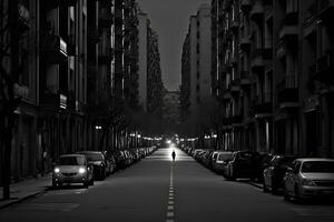 Landscape view of an empty street of a black and white city. Neural network AI generated photo