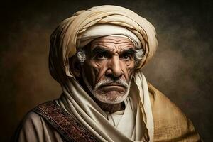 Portrait of a wise muslim old man. Neural network AI generated photo