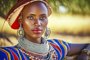 Portrait of a beautiful African woman in ethnic style. Neural network AI generated photo