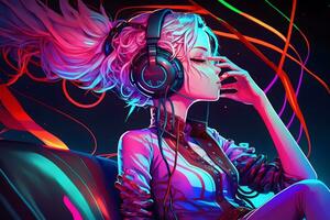 futuristic anime style girl listening to music with headphones. Neural network AI generated photo