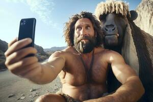 Primitive man takes a selfie with a wild beast. Neural network AI generated photo