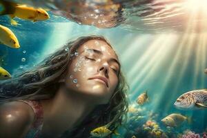 Mermaid girl swims underwater among the fish. Neural network AI generated photo