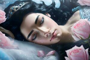 Fantasy woman sleeping beauty lies sleep with flowers. Neural network AI generated photo