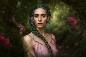 Beautiful woman with long braids in the forest. Neural network AI generated photo