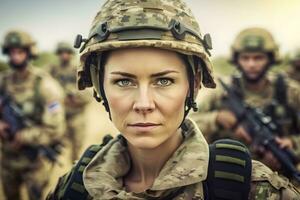 Pretty female soldier portrait. Neural network AI generated photo