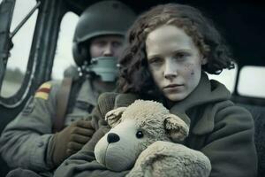 Little girl with a teddy bear during the war. Evacuation children. Neural network AI generated photo