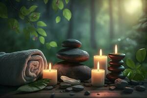 Beauty spa treatment and relax concept. Hot stone massage setting lit by candles. Neural network AI generated photo