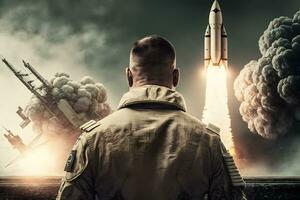 Soldier in front of a ballistic missile launch. Neural network AI generated photo