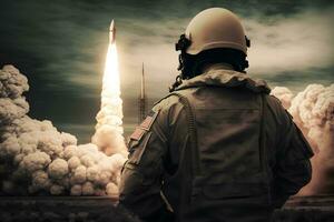 Soldier in front of a ballistic missile launch. Neural network AI generated photo