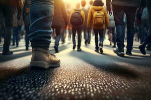 Group of people walking on the crosswalk. Neural network AI generated photo