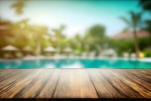 Empty wooden table in front with blurred background of swimming pool. Neural network AI generated photo