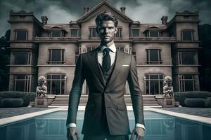 Successful businessman in front of his luxury home villa. Neural network AI generated photo