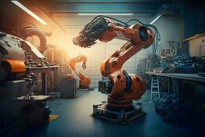 New robot setting of machine welding for the production line of vehicle industrial factory. Neural network AI generated photo