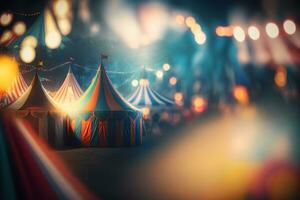 Night view of a circus tents and many light lamps with blurred background. Neural network AI generated photo