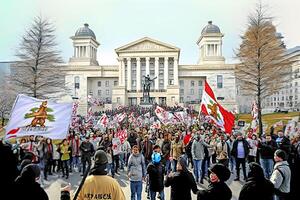 Crowd of people with posters and flags standing in front of parliament building during post election protest. Neural network AI generated photo