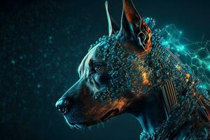 Portrait of a futuristic robot dog. An artistic abstract cyberpunk fantasy. Concept of a cyber dog. Neural network generated art photo