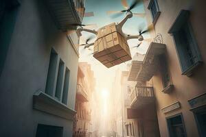 drone delivery delivering big brown post package into urban city. Neural network AI generated photo