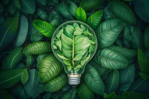 light bulb against nature on green leafs energy sources for renewable, sustainable development. Ecology concept. Neural network AI generated photo