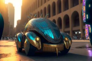 Modern futuristic car with bettle design in city center. Neural network generated art photo