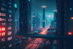 Synthwave retro cityscape with modern futuristic buildings and neon lights. Neural network generated art photo