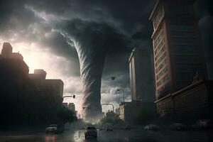 tornado tormenta en ciudad centrar con oscuro cielo y malo clima. neural red generado Arte foto
