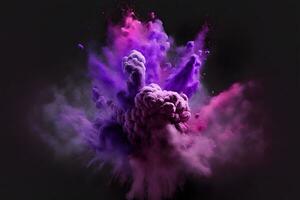 Explosion of purple and violet color paint powder on black background. Neural network generated art photo