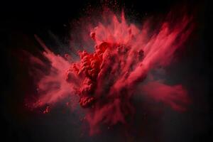 Explosion of red color paint powder on black background. Neural network generated art photo