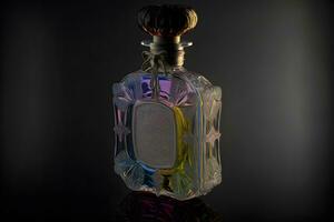 un botella de perfume mujer eau Delaware perfume en botella aislado en negro. fragancia para mujer perfume rociar. neural red generado Arte foto