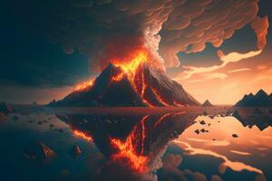 Night fantasy landscape with abstract mountains and island on the water, explosive volcano with burning lava. Neural network generated art photo