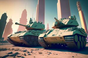 Modern futuristic battle tank with turret and cannon in city center. Neural network generated art photo