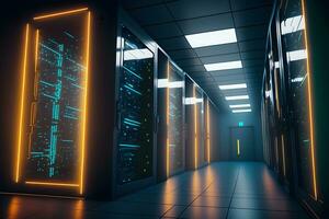 Server racks in computer network security server room data center. Neural network generated art photo