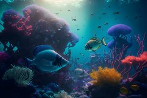 agua escena con corales y muchos pescado en azul submarino antecedentes. neural red generado Arte foto