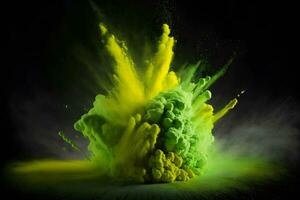 Explosion of green and yellow color paint powder on black background. Neural network generated art photo