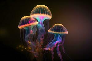 Group of clear glowing neon color light jelly fish in deep dark water. Neural network generated art photo