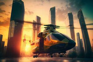 Modern futuristic army helicopter transport in city center. Neural network generated art photo