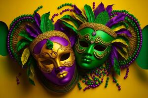 Group of venetian mardi gras mask or disguise on a colorful bright background. Neural network generated art photo