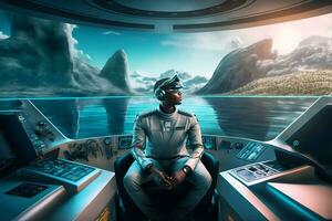 Ship captain on a modern futuristic boat transport at sea. Neural network generated art photo