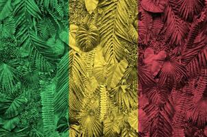 Mali flag depicted on many leafs of monstera palm trees. Trendy fashionable backdrop photo