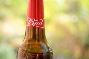 Fragment of Budweiser Bud beer bottle on a green trees background photo