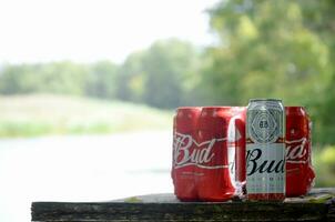 Budweiser Bud beer cans on old wooden table outdoors at the river and green trees background photo